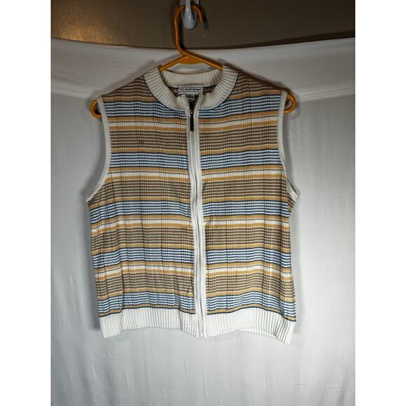 St John Sport Zip Front Nuetral Striped Sweater Vest Size Medium Women's Classic - Picture 1 of 7
